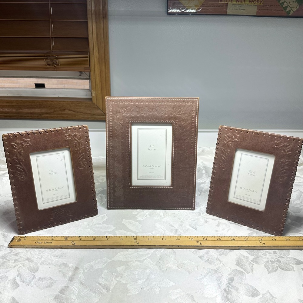 Sonoma Picture Frame Set 3pc Brown Faux Leather Floral Tooled Western Excellent